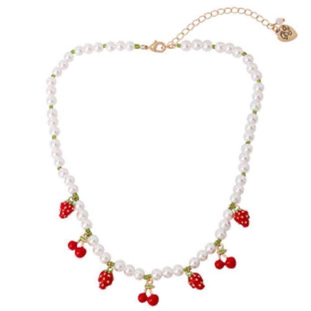 Betsy Johnson Pearl Bead Necklace with Red Strawberry & Cherry Charms